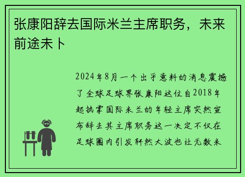 张康阳辞去国际米兰主席职务，未来前途未卜