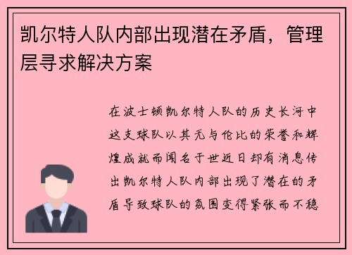 凯尔特人队内部出现潜在矛盾，管理层寻求解决方案