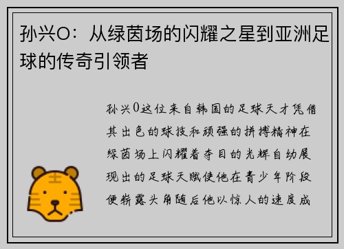 孙兴O：从绿茵场的闪耀之星到亚洲足球的传奇引领者